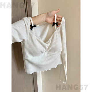 HANG57【BANKO】白色T恤 長袖T恤 百搭 女生上衣 芭蕾風 時尚女裝緊身白色蕾絲蝴蝶結弔帶長袖上衣