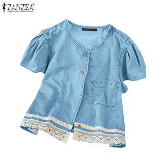 ZANZEA 女式韓版復古休閒圓領蕾絲拼接鈕扣襯衫