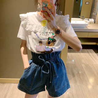 爆款純棉韓國東大門夏季新款精緻蕾絲花邊蛋糕熊圖案印花短袖T恤女熱銷純棉蕾絲花邊上衣可愛甜美T恤