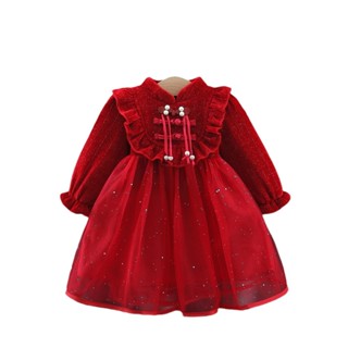 拜年服 新品上新兒童洋裝嬰兒洋氣刷毛禮服裙子女孩冬季紅色改良旗袍紗裙