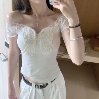 現貨速發/夏季女士上衣/【店鋪熱銷】蝴蝶結時尚/蕾絲一字領網紗/印花短袖/性感T恤/吊帶/甜美風韓版/洋氣女生衣服/聚會