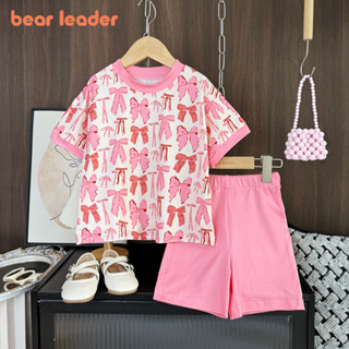 小熊領隊夏季新款蝴蝶結印花女童衣服韓版圓領基本款T恤上衣+短褲兩件套3-7歲兒童休閒日常裝