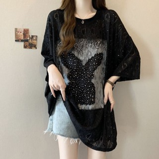 大尺碼蕾絲上衣 圓領T恤女 重工釘珠亮晶晶短袖t恤女 夏季新款寬鬆顯瘦提花上衣