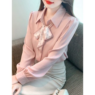 蝴蝶結長袖雪紡襯衫女士春季新款時尚高階感洋氣百搭上衣洋氣20250508