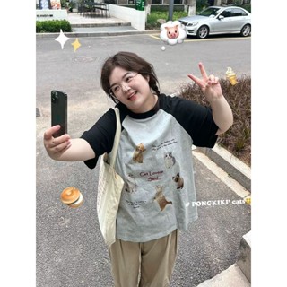 [店鋪熱銷]美式複古插肩印花短袖T恤女夏季新款胖mm1-150kg設計感寬鬆上衣潮