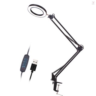 照明 LED 5X 放大燈帶夾子擴音放大鏡檯燈可調節旋轉臂 USB 供電燈放大鏡 LED 燈帶放大鏡 3 種模式可調光