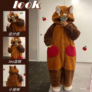 【現貨速發】網紅爆款可愛小浣熊毛絨睡袍男女秋冬季珊瑚絨睡衣熊貓家居服套裝