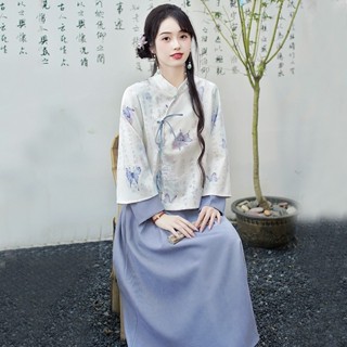 多款可選 S-4XL 新中式女裝 國風服飾 大尺碼套裝女 長袖刺繡上衣女 深藍色半身裙套裝cywwwy