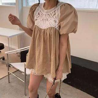 【Ginie】現貨 免運 簡韓 T-LLJ良良家鏤空刺繡刺繡花泡泡袖襯衫女夏季新款法式宮廷風拼接褶皺上衣4.28