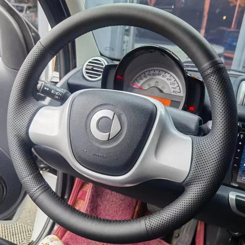 適用於梅賽德斯-奔馳 smart 451 Fortwo 2009-2015 汽車配件手縫黑色真皮汽車方向盤套汽車配件汽車