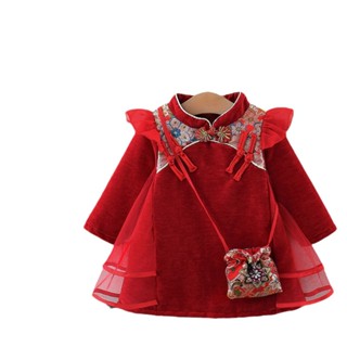 拜年服 新品上新童裝女童漢服裙兒童長袖刷毛加厚中國風唐裝旗袍連衣公主裙子