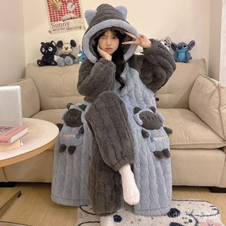 貴📣真的好🏆睡袍女冬季三層夾棉長款珊瑚絨睡衣連帽加厚卡通貓家居服保暖套裝 N7GV