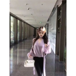 【特惠免運】女款雪紡衫 雪紡襯衫 法式紫色交叉v領長袖雪紡襯衫女秋季寬鬆氣質飄帶上衣