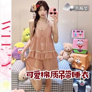 🌸WIE' Y🌸「帶胸墊睡衣」兩件式睡衣 女生睡衣 吊帶睡衣 夏季甜美卡通可愛休閑吊帶短褲小熊睡衣 日本家居服 睡衣套裝