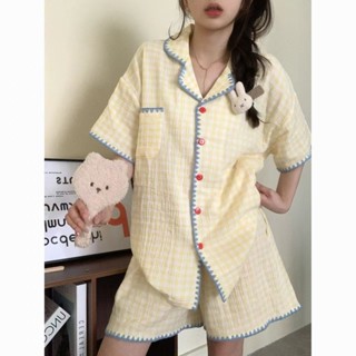 TASHUO 韓版ins黃色格子睡衣女夏季2025新款甜美少女短袖短褲家居服套裝