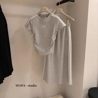 休閒運動套裝女夏季蝴蝶刺繡短袖上衣+鬆緊腰半身裙時尚兩件套潮 快速出貨
