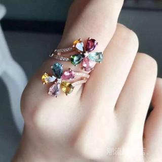 【雙生花】大牌衕款天然碧璽戒指女s925純銀鍍玫瑰金食指指環純天