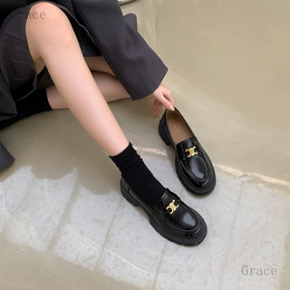 臺灣齣貨Grace 亮麵樂福鞋 大尺碼 真皮 厚底 韓國 黑色女鞋 增高平底 凱旋門金屬扣 英倫風小皮鞋 包鞋 娃娃