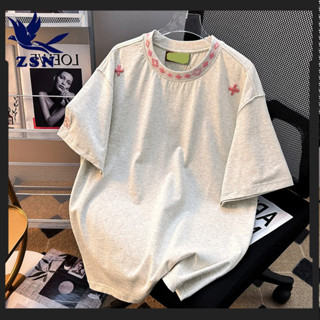 ★yirene★夏新款男士高品質復古男生民族風項鍊刺繡短袖T恤 男女同款百搭情侶上衣 雙色選擇 修身顯瘦 白T穿出高階感