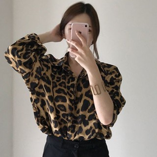 阿西的寶藏❤️韓國chic鞦季複古豹紋印花翻領單排扣寬鬆休閒百搭長袖襯衫上衣女