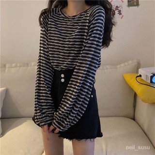 P3-【限時特賣】 長袖上衣 長袖T恤 辣妹上衣 女生上衣 早秋百搭條紋長袖上衣T恤女學生韓版寬鬆原宿慵懶ins風秋衣打