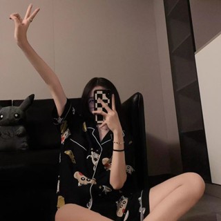 【Zayitrs】韓國黑色蠟筆小新睡衣女夏季可愛ins風短袖寬鬆兩件套情侶家居服 學生 兒童 交換禮物