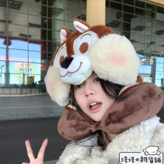 ✨熱銷下殺🌸可愛卡通花栗鼠連帽U型護頸枕午睡枕頭旅行飛機帶帽子u枕女生禮物 潮流旅行必備 送朋友禮物