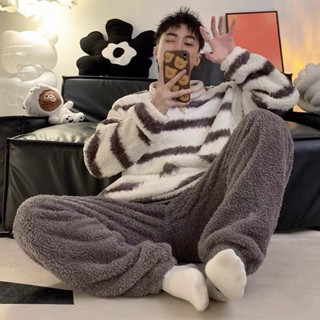 男士睡衣保暖寬鬆珊瑚絨男睡衣[D1205]珊瑚絨睡衣男士秋冬季加絨加厚男款男生冬天保暖條紋法蘭絨家居服