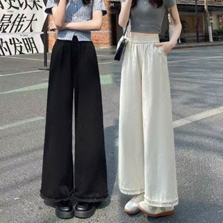 《現貨下單》【熱賣爆品】爆款木耳花邊寬褲女2025春夏新款高腰直筒小個子寬鬆顯瘦休閒褲 寬褲/運動褲女/休閒褲女