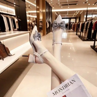 新店超值特惠2023年夏季新款百搭中粗跟僊女風配裙子尖頭單鞋高跟半包頭涼鞋女