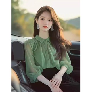 芊芊 QQ 上新 直髮綠色雪紡襯衫女2025春夏洋氣小衫法式氣質防曬超好看絕美獨特上衣