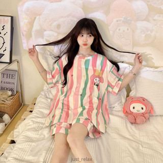 現貨 彩色條紋 美樂蒂睡衣 可愛睡衣 女生家居服 夏天睡衣 短袖睡衣 大尺碼睡衣 兩件式睡衣 My melody 睡衣套