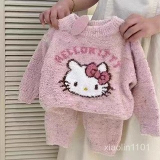 兒童保暖睡衣秋冬新款女童可愛kt貓法蘭絨上衣褲子加厚家居服套裝