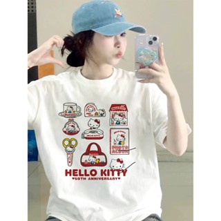 臺灣出貨 50個kitty印花純棉短袖 親子裝 情侶短袖 2025春夏重磅白色純棉蝴蝶結印花短袖t恤女寬鬆上衣ins