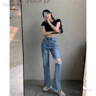 臺灣齣貨Grace 韓係破洞寬鬆牛仔褲女 韓版貼標開叉高腰微喇褲潮 闊腿褲 休閑 寬褲 直筒褲 落地褲 拖