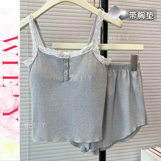 🌸WIE' Y🌸「帶胸墊睡衣」冰絲睡衣 韓國家居服 女生睡衣 夏季ins風高級感甜美休閒吊帶睡衣 睡衣套裝 兩件式睡衣
