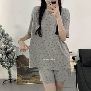 [現貨下單]ins笑臉睡衣女夏季短袖短褲大尺碼寬鬆時尚家居服可外出套裝網紅風