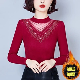 鑲鑽小衫女秋冬內搭半高領德絨加厚時髦時尚洋氣保暖蕾絲打底上衣|秋冬長袖上衣|時尚打底衫|氣質上衣