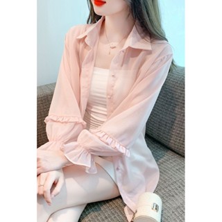 現貨速發#韓版上衣 女生著裝翻領襯衫女年夏裝新款外穿雪紡上衣小外套夏季薄款防曬衣女襯衫長袖上衣
