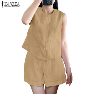 ZANZEA 女式韓版休閒圓領無袖帶口袋上衣三褲闊腿短褲兩件套