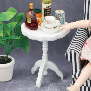 1:12娃娃屋dollhouse迷你客廳微場景白色花邊小圓桌咖啡桌子