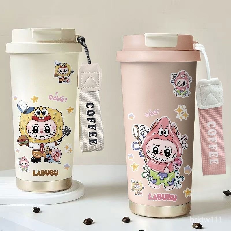 LABUBU海綿派大星保溫杯大容量男女杯子手提繩咖啡杯保冷水杯♥♥
