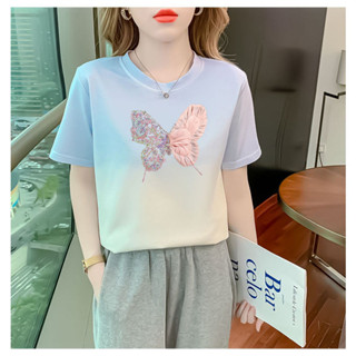 衣時尚 短袖T卹 印花上衣 小衫 T恤衫 原宿風 S-2XL 新款漸變紮染字母蝴蝶印花上衣圓領短袖體卹-3946.