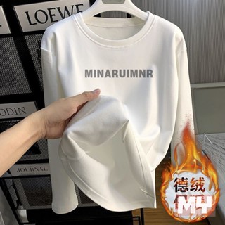 加厚雙面德絨圓領白色印花打底衫女加絨秋冬磨毛內搭寬鬆長袖t恤 加厚長袖T恤 長袖上衣 打底衫 秋冬長袖【MY】