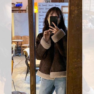 （2024新款）加厚皮毛一體羊羔毛外套女2024秋冬美拉德復古毛毛加絨保暖機車服韓版外套 保暖外套 東大門
