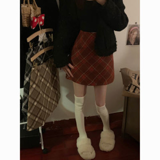 【 𝑭𝒍𝒐𝒘𝒆𝒓𝒔𝒆𝒂】美式 復古 格子毛呢半身裙 裙子 紅色 包臀裙 A字裙 短裙