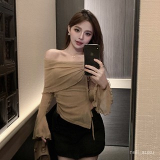 P3-[限時特賣]T恤 短袖T恤 短袖上衣 女生上衣官圖實價 薄款微透防曬衫長袖T恤修身一字肩氣質短上衣女春夏季