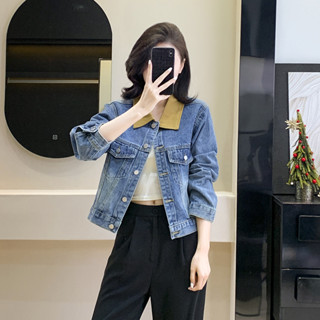 實拍2025春季新款牛仔外套女水洗藍色短款拚接夾剋巴恩風工裝上衣
