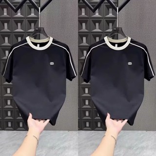 ✨高品質刺繡✨夏季新款潮流時尚拼接短袖T恤男士簡約刺繡圓領休閑修身半袖上衣短袖上衣 男士T恤 短袖 痞帥 潮牌，刺繡