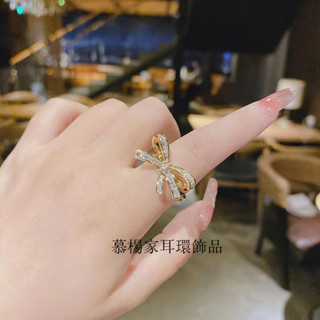 金色蝴蝶結戒指 甜美精緻輕奢指環 新潮立體閃鑽食指戒